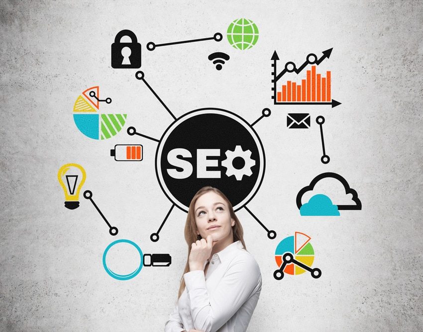 Jeune femme pensive sous un schéma SEO relié à un cadenas, une loupe, une ampoule et des graphiques : l’audit SEO