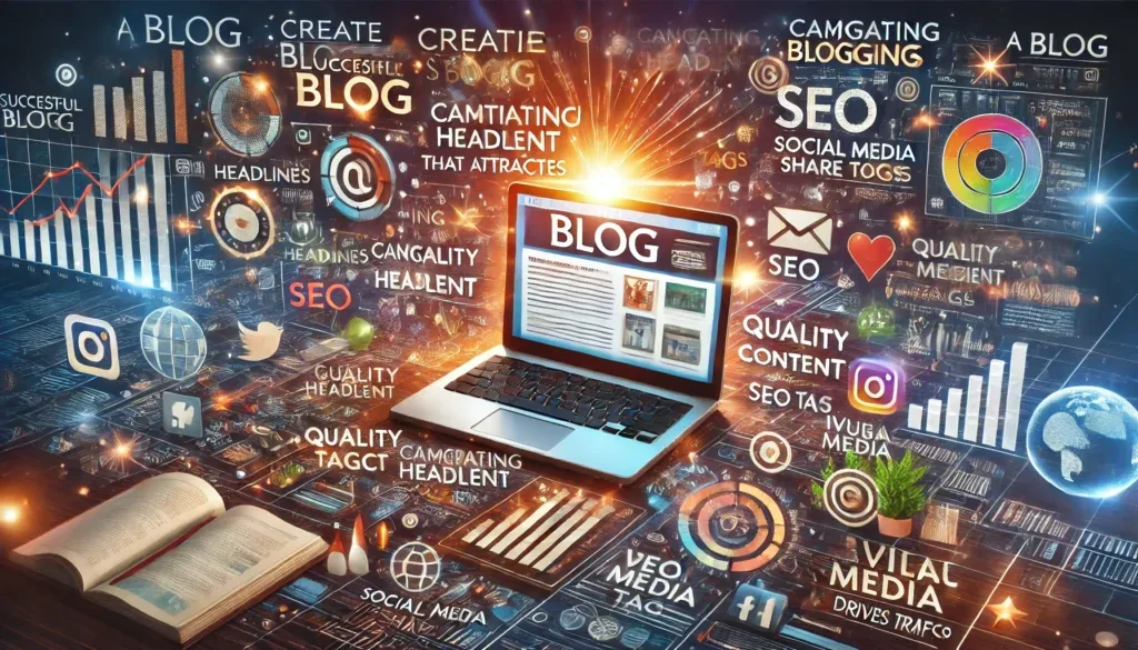 Créer un blog qui attire des visiteurs Ordinateur portable affichant un blog, entouré d’icônes SEO et de réseaux sociaux : créer un blog qui attire