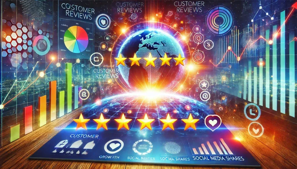 Globe lumineux entouré d’étoiles dorées et de graphiques en hausse, image de l’impact des avis clients sur les ventes