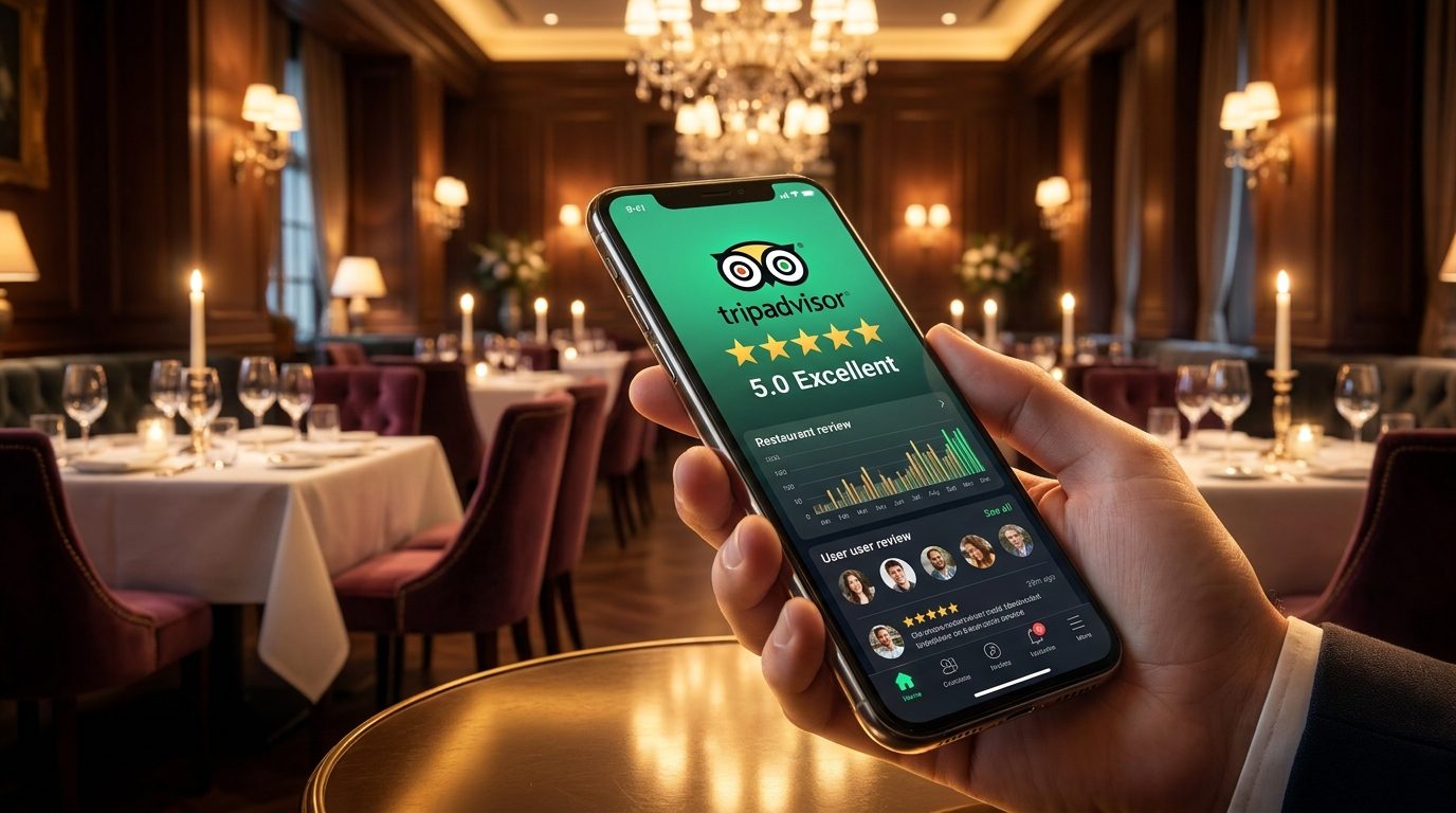 Avis Tripadvisor d’un restaurant Smartphone affichant les avis Tripadvisor d’un restaurant noté 5,0, dans une salle élégante éclairée aux bougies