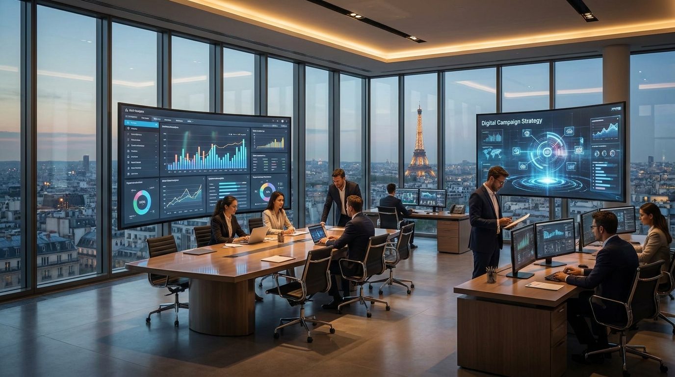 Prix d’une agence de communication Équipe au travail devant des écrans de campagnes digitales, tour Eiffel en fond : le prix d’une agence de communication