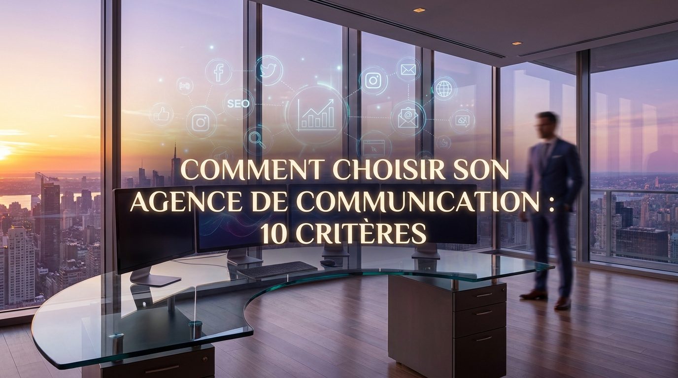 Choisir son agence de communication Bureau vitré avec vue sur la ville au coucher du soleil et icônes digitales : comment choisir son agence de communication