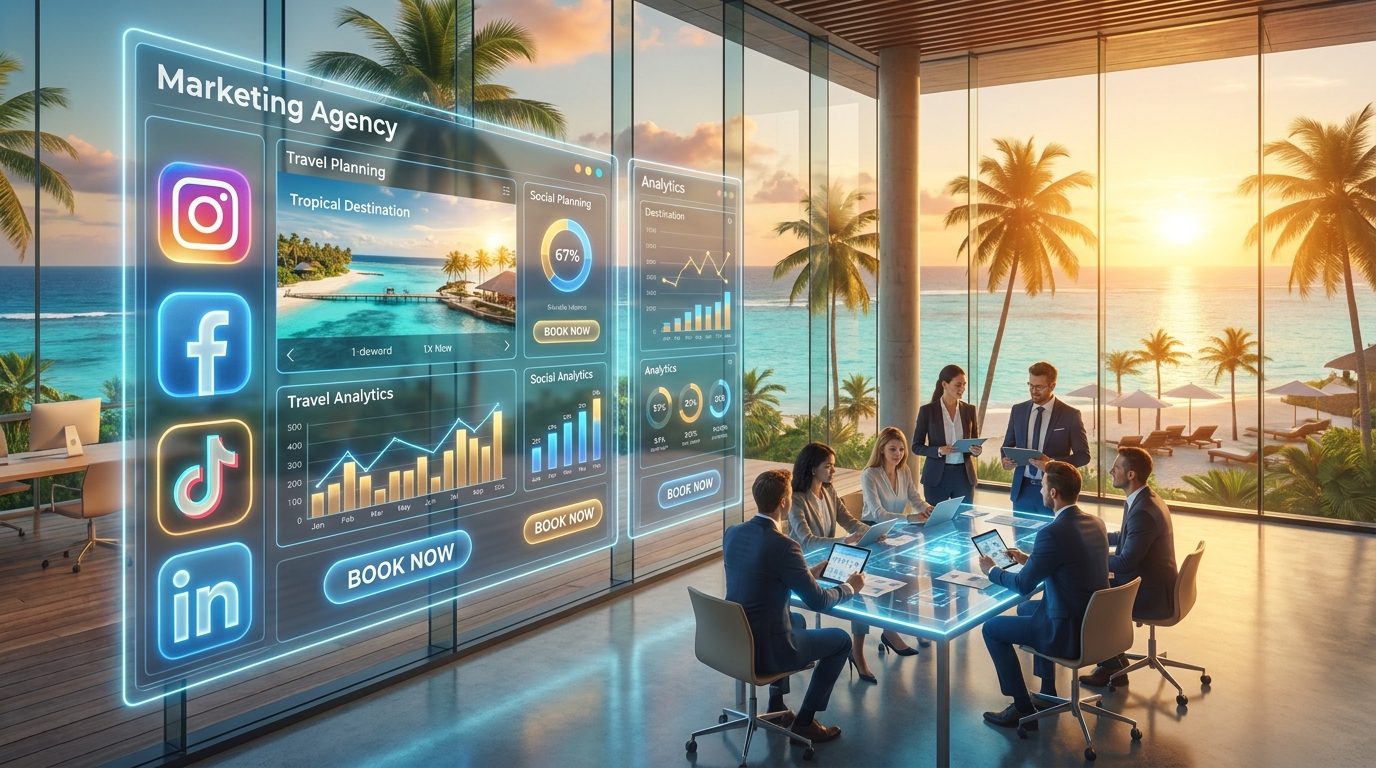Marketing touristique : le guide Équipe en réunion face à la mer devant des écrans de réservation et de statistiques : le marketing touristique