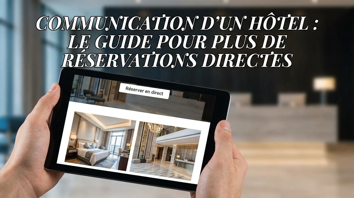 Tablette ouverte sur le site d’un hôtel et son bouton « Réserver en direct », devant le hall : la réservation directe