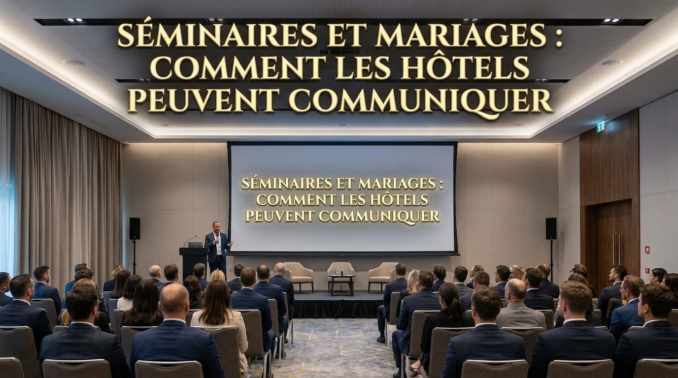Séminaire à l’hôtel en salle de conférence Salle de séminaire d’hôtel pleine de participants, un intervenant sur scène devant un grand écran