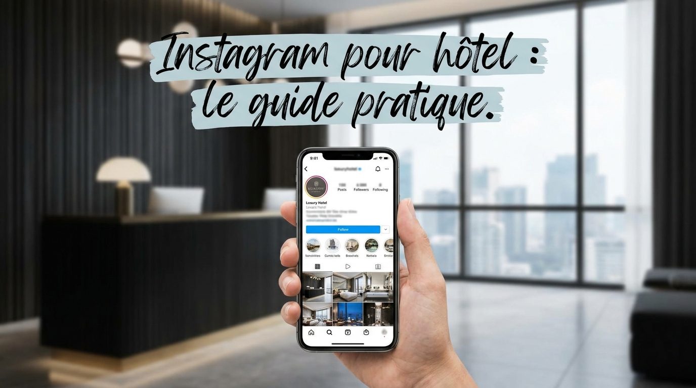 Profil Instagram d’un hôtel Smartphone en main ouvert sur le profil Instagram d’un hôtel, dans un hall moderne : une stratégie Instagram soignée