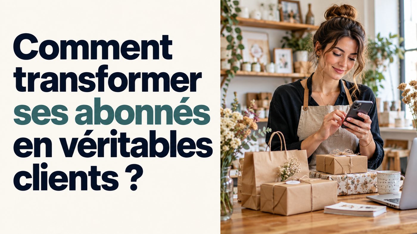 Commerçante consultant son smartphone devant des paquets prêts à partir : transformer ses abonnés en clients